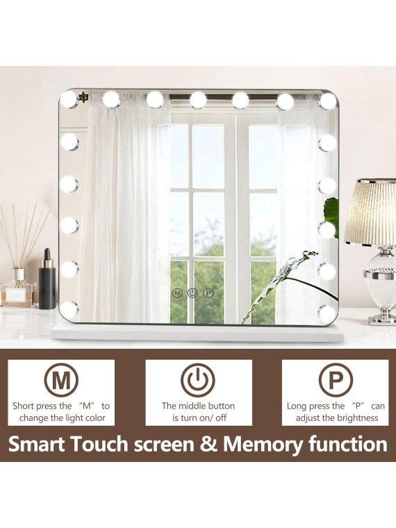 Hollywood Vanity Mirror with Lights, 17 Dimmable LED Bulbs 3 Color Lighted Makeup Mirror with Detachable 10X Magnification Mirror, Tabletop or Wall-Mounted, Touch Control