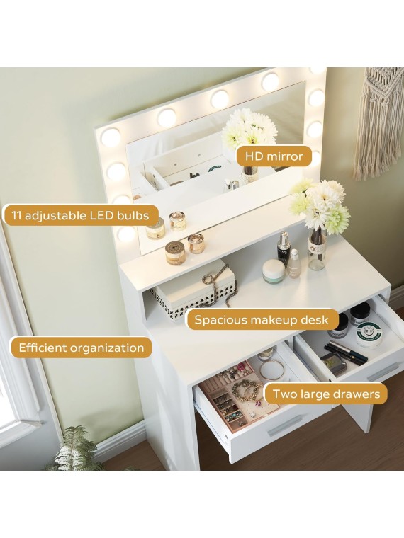 Vanity Desk with Mirror and Lights, Dressing Table with Large Drawer, 2 Level Storage Dresser & 3 Lighting Modes Adjustable Brightness, Suitable for Bedroom