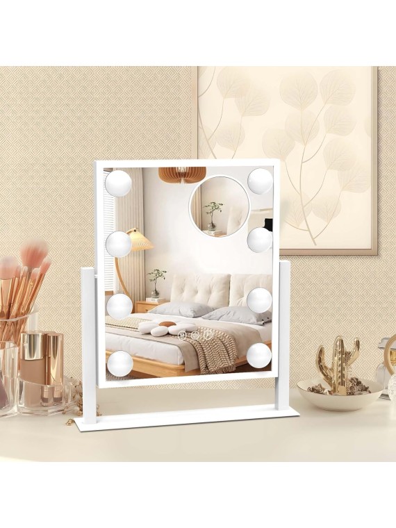 Hollywood Vanity Mirror with Lights for Desk, 8 Dimmable Bulbs, 3 Color Light, Touch Control, Lighted Makeup Mirrors with Lighting for Dorm White