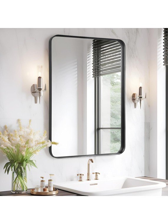 Black Bathroom Mirror 24x36 Inch - Matte Framed Rectangle Wall Mirror, Modern Large Mirrors Wall Mounted for Bathroom, Farmhouse, Hangs Vertically or Horizontally