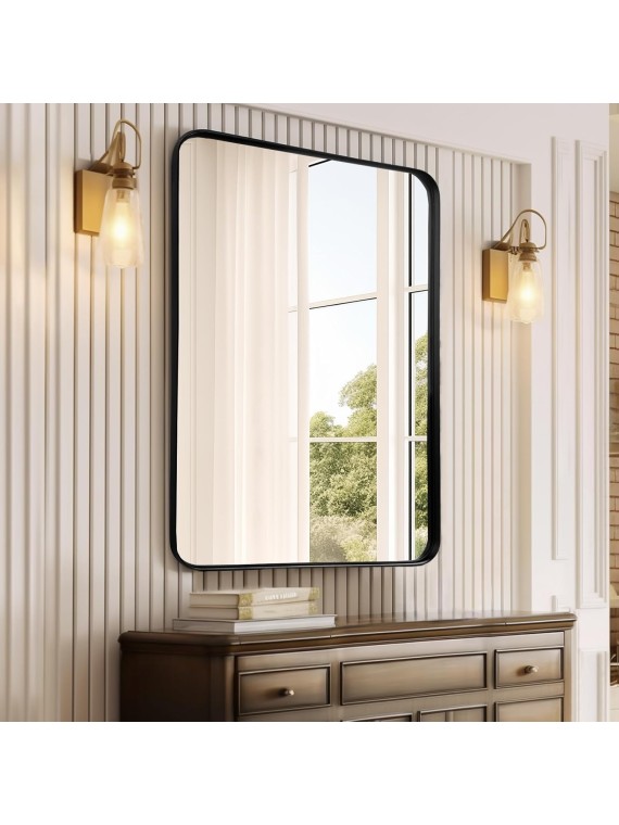 Black Bathroom Mirror 24x36 Inch - Matte Framed Rectangle Wall Mirror, Modern Large Mirrors Wall Mounted for Bathroom, Farmhouse, Hangs Vertically or Horizontally