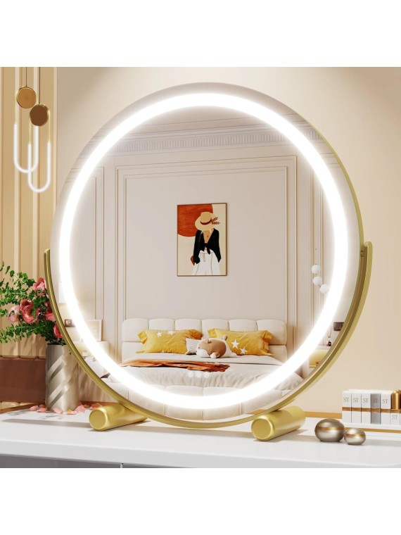 Vanity Mirror with Lights, 18" x 18"Lighted Makeup Mirror Oval Mirror,LED Makeup Mirror with 3 Color Modes Table Mirror,Light Up Mirror with Touch Control,360 Adjustable