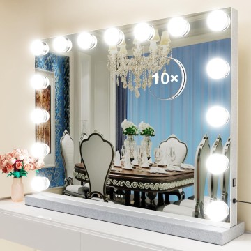 Vanity Mirror with Lights, 22.8WX18.2L Tabletop Hollyhood Makeup Mirror with USB & Type-C Charing, Hollywood Lighted Mirror with 15 Dimmable LED Bulbs,Touch Control,Metal Frame,Silver