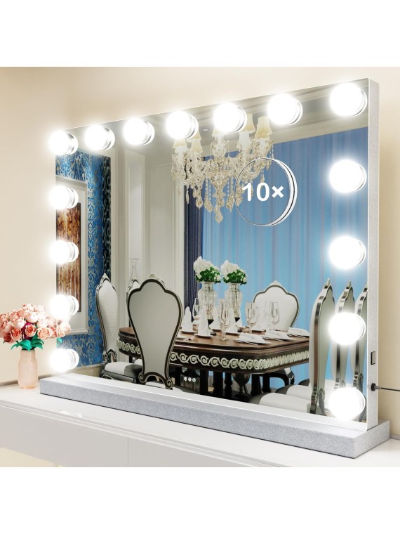 Vanity Mirror with Lights, 22.8WX18.2L Tabletop Hollyhood Makeup Mirror with USB & Type-C Charing, Hollywood Lighted Mirror with 15 Dimmable LED Bulbs,Touch Control,Metal Frame,Silver