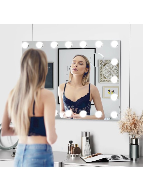 Vanity Mirror with Lights, 22.8WX18.2L Tabletop Hollyhood Makeup Mirror with USB & Type-C Charing, Hollywood Lighted Mirror with 20 Dimmable LED Bulbs,Touch Control,Metal Frame,Silver