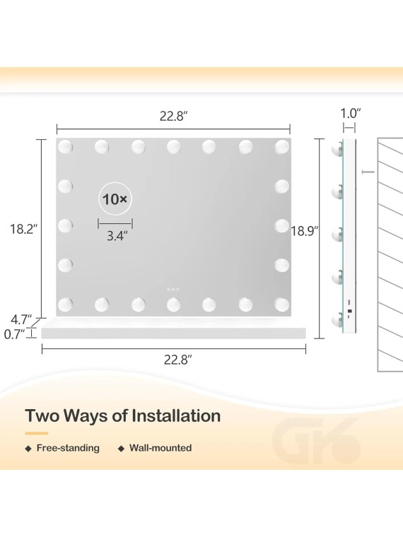 Vanity Mirror with Lights, 22.8WX18.2L Tabletop Hollyhood Makeup Mirror with USB & Type-C Charing, Hollywood Lighted Mirror with 20 Dimmable LED Bulbs,Touch Control,Metal Frame,Silver