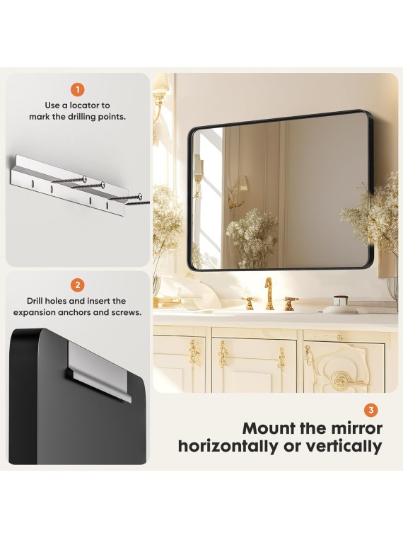 Black Bathroom Vanity Mirror for Wall, 22x30 Inch Metal Framed Wall Mirror Farmhouse Rectangle, Anti-Rust, Tempered Glass, Hangs Horizontally or Vertically