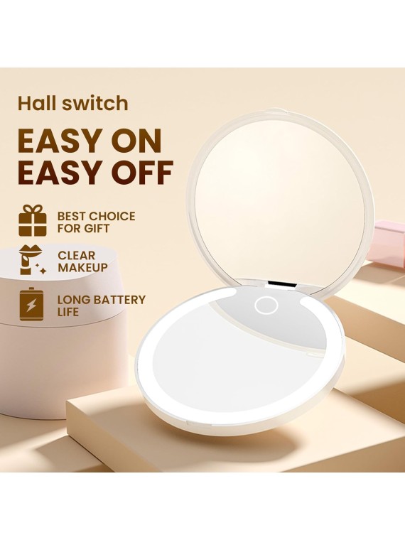 Makeup Mirror with 3 Colors Led Lighted, Compact Mirror with Touch Dimming, 1X/3X Magnifying Mirror, USB Rechargeable, Portable for Pocket, Folding, Travel, Handheld, Gift (White)