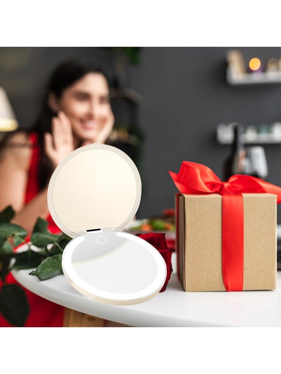 Makeup Mirror with 3 Colors Led Lighted, Compact Mirror with Touch Dimming, 1X/3X Magnifying Mirror, USB Rechargeable, Portable for Pocket, Folding, Travel, Handheld, Gift (White)