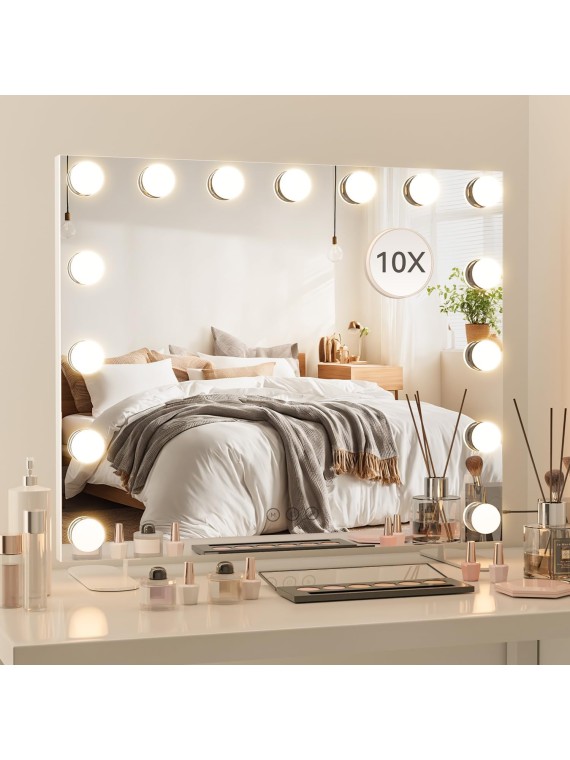 23.6" x 21.3" Large Vanity Mirror with Lights with 15 Dimmable LED Bulbs, 3 Light Colors, Smart Touch Control, Wall Mounted, USB Charging Port