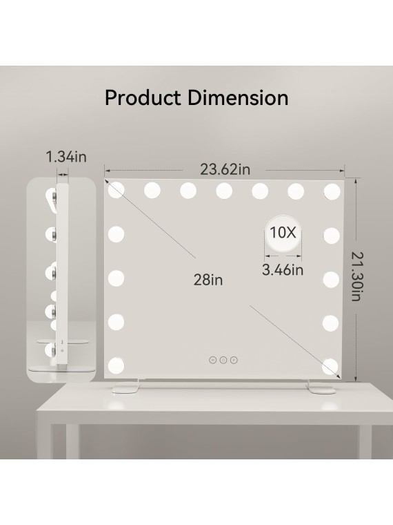 23.6" x 21.3" Large Vanity Mirror with Lights with 15 Dimmable LED Bulbs, 3 Light Colors, Smart Touch Control, Wall Mounted, USB Charging Port