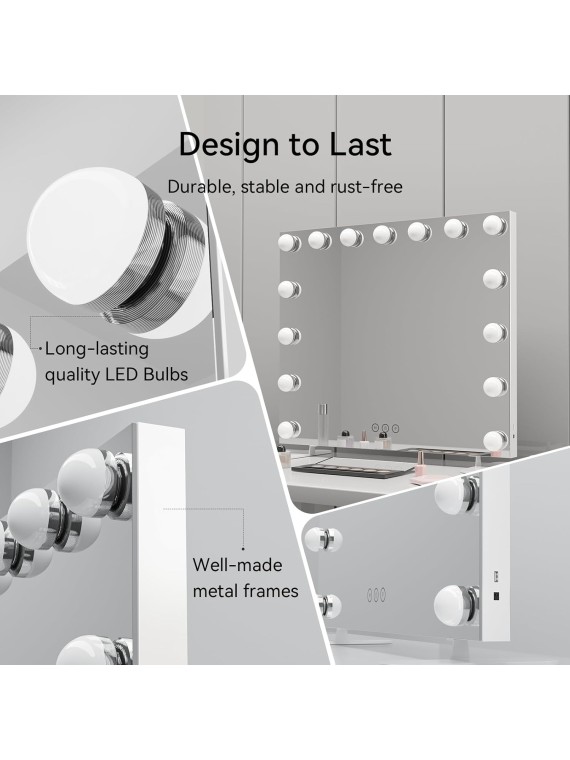 23.6" x 21.3" Large Vanity Mirror with Lights with 15 Dimmable LED Bulbs, 3 Light Colors, Smart Touch Control, Wall Mounted, USB Charging Port