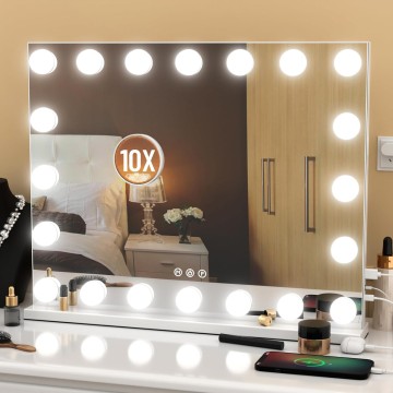 Vanity Mirror with Lights, 22.8"x 18.2" Large Hollywood Vanity Mirror with 10X Magnification & 20 Dimmable 3 Colors Modes LED Bulbs, Type-C Charging Port, Metal Frame, White.