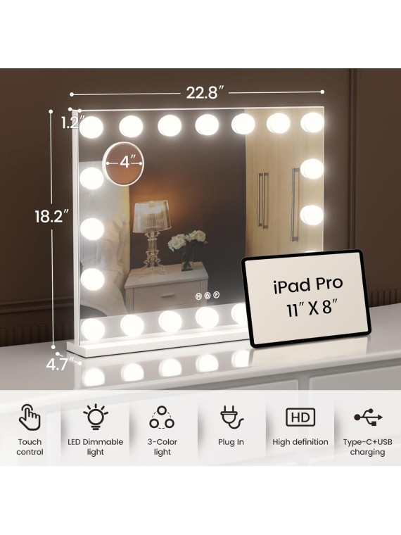 Vanity Mirror with Lights, 22.8"x 18.2" Large Hollywood Vanity Mirror with 10X Magnification & 20 Dimmable 3 Colors Modes LED Bulbs, Type-C Charging Port, Metal Frame, White.