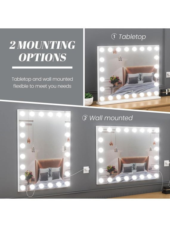 Vanity Mirror with Lights, 32"x 24" Large Hollywood Vanity Mirror with Detachable 10X Magnification & 24 Dimmable 3 Colors Modes LED Bulbs, Tabletop or Wall Mounted,White