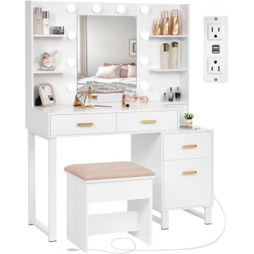 Makeup Vanity Desk Vanity Set with 10 LED Bulbs Lighted Mirror Makeup Vanity Table Set with Charging Station Nightstand 3 Colors Modes Dimming Cushioned Stool Large Mirror White UBDT53W