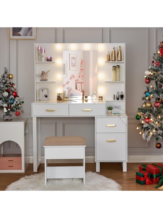 Makeup Vanity Desk Vanity Set with 10 LED Bulbs Lighted Mirror Makeup Vanity Table Set with Charging Station Nightstand 3 Colors Modes Dimming Cushioned Stool Large Mirror White UBDT53W