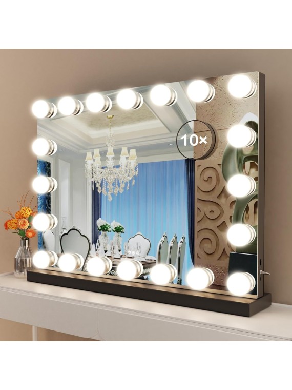 Vanity Mirror with Lights, 22.8WX18.2L Tabletop Hollyhood Makeup Mirror with USB & Type-C Charing, Hollywood Lighted Mirror with 20 Dimmable LED Bulbs,Touch Control,Metal Frame,Black