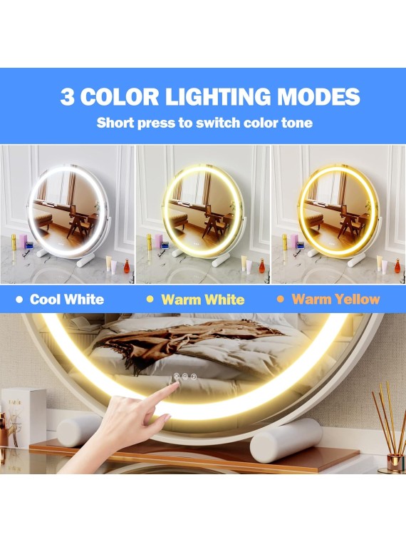 13" Vanity Mirror with Lights, LED Makeup Mirror, Large Round Mirror Lighted Makeup Mirror, Smart Touch Control 3 Colors Dimmable Mirror 360°Rotation Gold