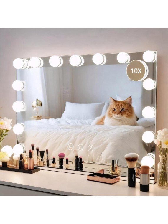 Vanity Mirror with Lights 22" x 18" Large Makeup Mirror Hollywood Mirror with 15 Dimmable LED Bulbs 3 Color Modes 10X Magnification & USB Charging Port Mirror for Wall-Mounted or Tabletop