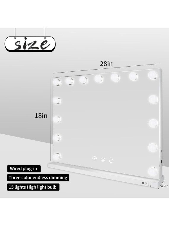 Vanity Mirror with Lights 22" x 18" Large Makeup Mirror Hollywood Mirror with 15 Dimmable LED Bulbs 3 Color Modes 10X Magnification & USB Charging Port Mirror for Wall-Mounted or Tabletop