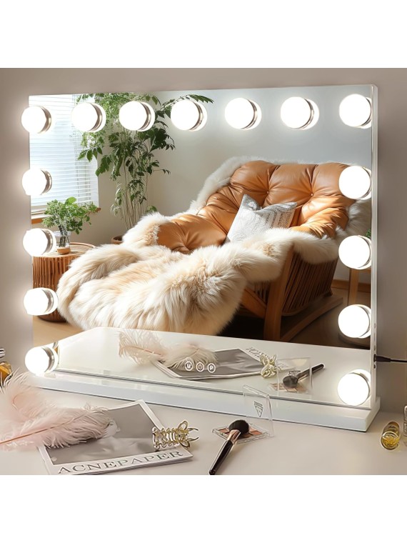 Vanity Mirror with Lights 22" x 18" Large Makeup Mirror Hollywood Mirror with 15 Dimmable LED Bulbs 3 Color Modes 10X Magnification & USB Charging Port Mirror for Wall-Mounted or Tabletop