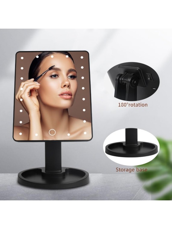 Lighted Vanity Makeup Mirror with 22 Led Lights 180 Degree Free Rotation Lighted Mirror Touch Screen Adjusted Brightness Desk Mirror USB Dual Supply Bathroom Beauty Cosmetic Mirror(Black)