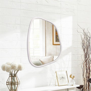 Irregular Wall Mirror Asymmetrical White Mirror Modern Wood Frame Unique Shape Wall Mounted Vanity Artistic Mirror Decor for Living Room Bedroom Bathroom Entryway Hallway Large 16"x12"