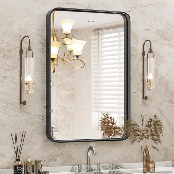 Black Metal Framed Vanity Rounded Rectangle Bathroom Mirrors for Over Sink Wall, 30x22 Inch Matte Large Mirror, Modern Decorative for Restroom, Farmhouse, Horizontally or Vertically Hanging