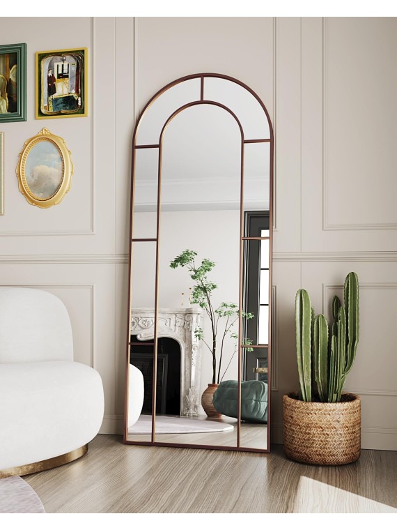 Full Length Mirror, Floor Mirror 65" x 22" Arched Window Decorative Mirror, Metal Framed Decor Farmhouse Floor Mirror Art Pane Mirror Wall Decor for Bedroom, Living Room, Entryway, Bronze