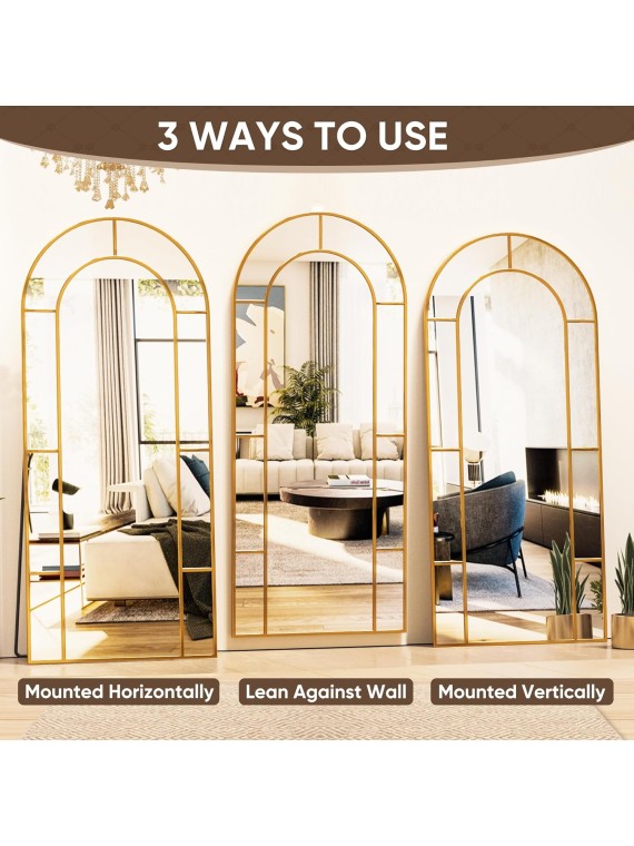 Full Length Mirror, Floor Mirror 65" x 22" Arched Window Decorative Mirror, Metal Framed Decor Farmhouse Floor Mirror Art Pane Mirror Wall Decor for Bedroom, Living Room, Entryway, Bronze