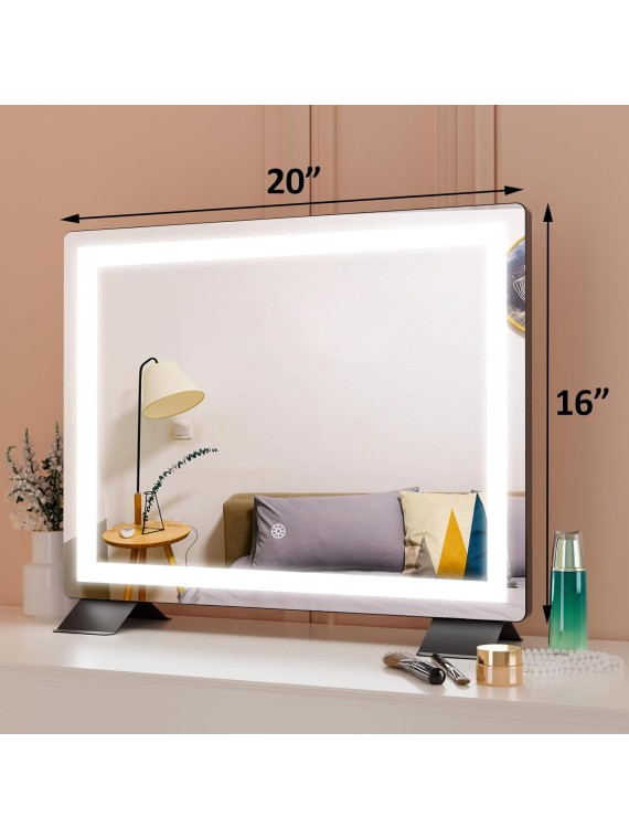 Vanity Mirror with Lights,20"*16" Lighted Makeup Mirror, 3 Color Modes, Touch Control, Tabletop & Smart Touch Control Led Mirror,Black