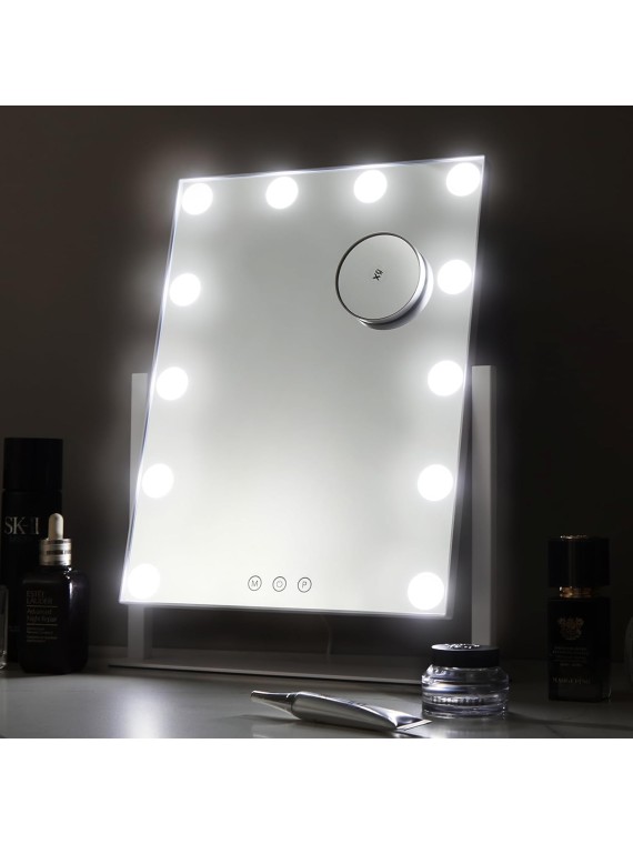 Vanity Mirror with Lights, Hollywood Lighted Makeup Mirror with 12 LED Lights, Three Color Lighting Modes, and 5X Magnification Mirror, Smart Touch Control, 360°Rotation (White)