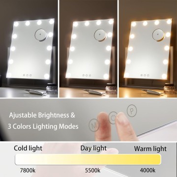 Vanity Mirror with Lights, Hollywood Lighted Makeup Mirror with 12 LED Lights, Three Color Lighting Modes, and 5X Magnification Mirror, Smart Touch Control, 360°Rotation (White)