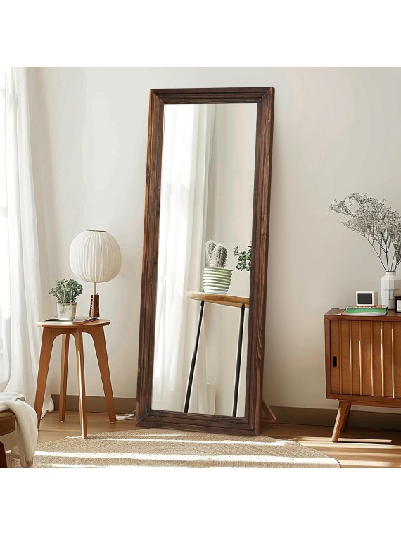 Full Length Mirror 65"x22" with Stand Solid Wood Frame Floor Large Mirror for Living Room, Bedroom Hanging Standing or Leaning Wall-Mounted, Brown