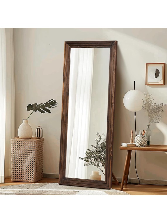 Full Length Mirror 65"x22" with Stand Solid Wood Frame Floor Large Mirror for Living Room, Bedroom Hanging Standing or Leaning Wall-Mounted, Brown