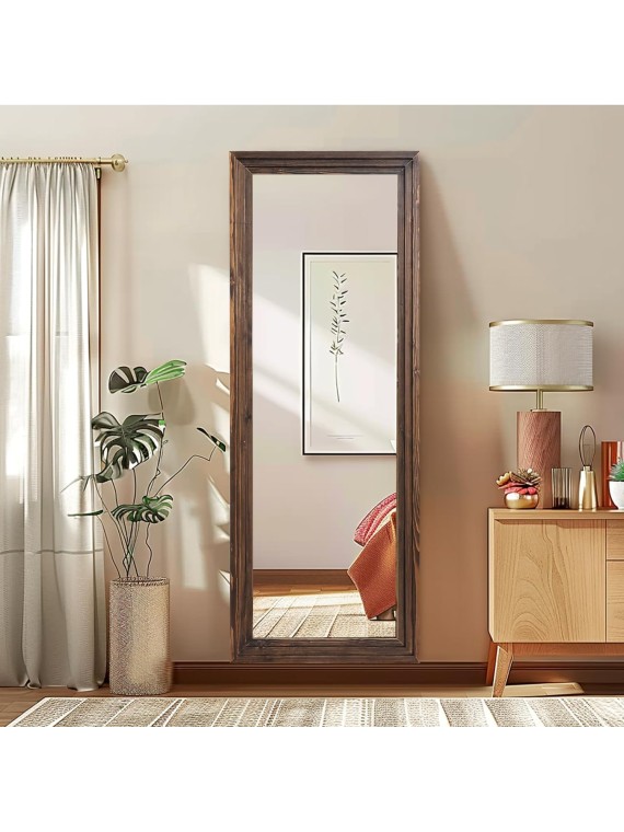 Full Length Mirror 65"x22" with Stand Solid Wood Frame Floor Large Mirror for Living Room, Bedroom Hanging Standing or Leaning Wall-Mounted, Brown