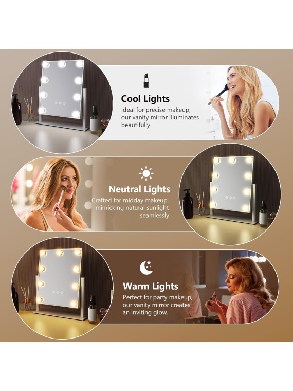 Hollywood Vanity Makeup Mirror with Lights - 9 LED Bulbs, Touch Control, 3 Colors Light, 360° Rotation, Light Up Vanity Mirror for Dressing Room & Bedroom