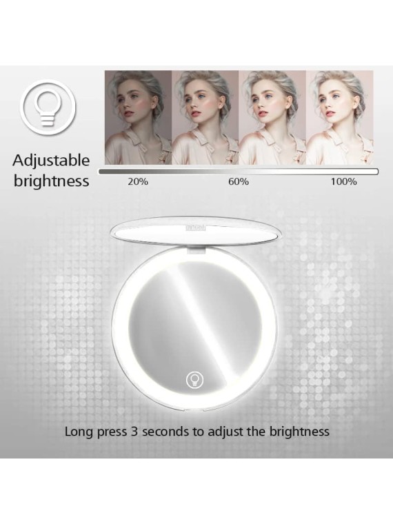 Portable LED Lighted Travel Makeup Mirror 1x/10x Magnification Makeup LED Mirror USB Compact Portable Folding Mini Makeup Vanity Mirror with Lights（White）