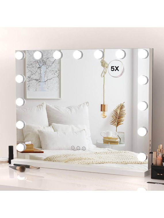 Vanity Mirror with Lights, Hollywood Lighted Mirror with 15 Dimmable LED Bulbs, Makeup Mirror with Lights, and 5X Magnification Mirror, 3 Colors Modes,Touch Control, Metal Frame,White