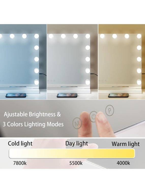 Vanity Mirror with Lights, Hollywood Lighted Mirror with 15 Dimmable LED Bulbs, Makeup Mirror with Lights, and 5X Magnification Mirror, 3 Colors Modes,Touch Control, Metal Frame,White