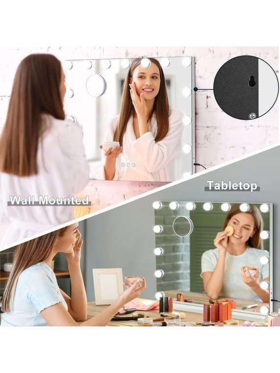 Vanity Mirror with Lights, Hollywood Lighted Mirror with 15 Dimmable LED Bulbs, Makeup Mirror with Lights, and 5X Magnification Mirror, 3 Colors Modes,Touch Control, Metal Frame,White