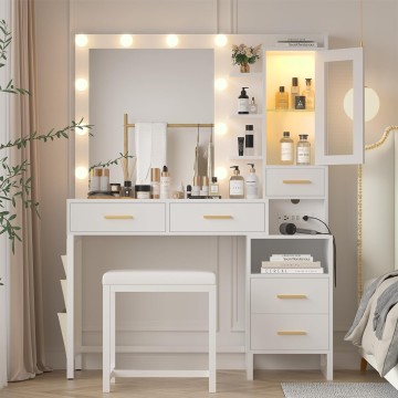 Makeup Vanity Desk with Mirror and Lights, White Vanity Desk with Charging Station, LED Cabinet, 5 Drawers & Storage Bag, Vanity Mirror with Lights Desk and Chair, Vanity Table Set with Stool