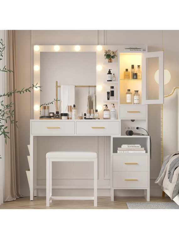 Makeup Vanity Desk with Mirror and Lights, White Vanity Desk with Charging Station, LED Cabinet, 5 Drawers & Storage Bag, Vanity Mirror with Lights Desk and Chair, Vanity Table Set with Stool