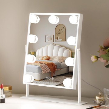 Vanity Mirror with Lights Hollywood Lighted Makeup Mirror with 9 Dimmable Bulbs & 3 Color Lighting Modes for Bedroom, Detachable 10X Magnification Mirror & 360 Degree Rotation(White)