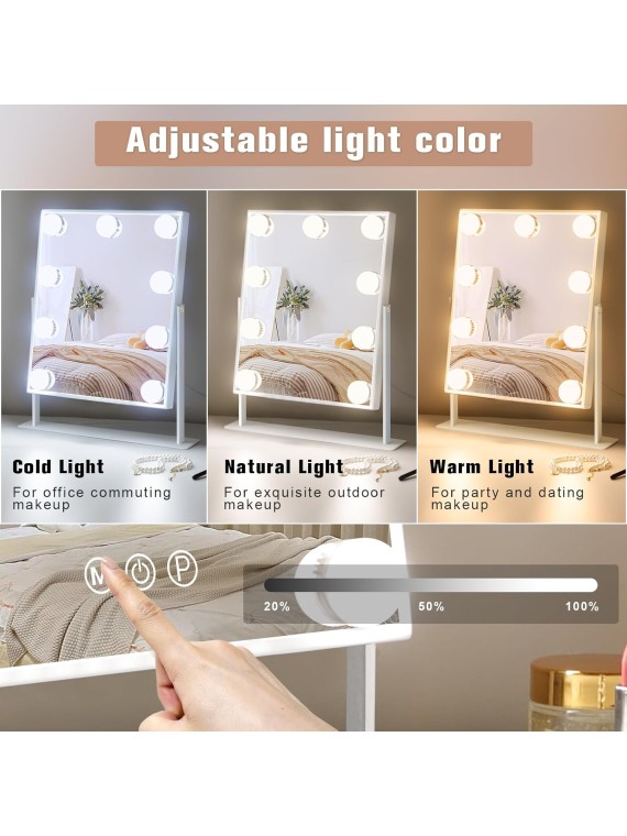 Vanity Mirror with Lights Hollywood Lighted Makeup Mirror with 9 Dimmable Bulbs & 3 Color Lighting Modes for Bedroom, Detachable 10X Magnification Mirror & 360 Degree Rotation(White)