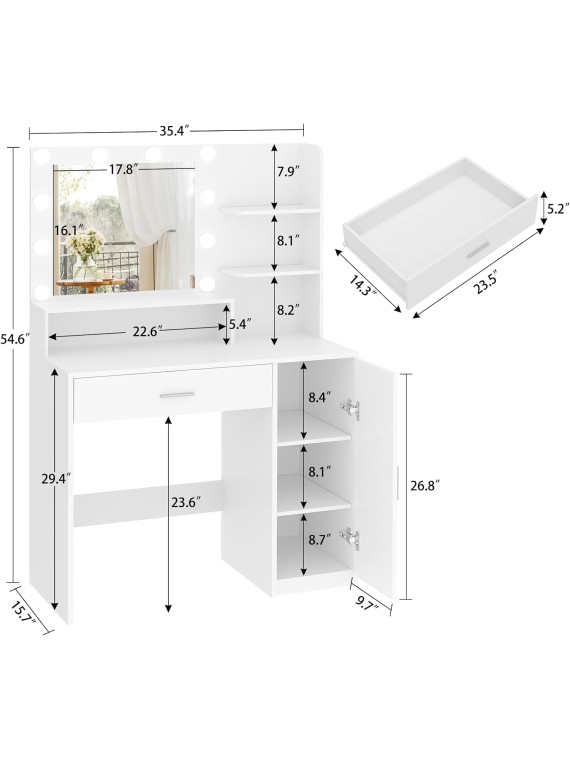 Vanity Desk with 10 Lights & Mirror, 3 Storage Shelf, Big Drawer, Cabinet with Shelves, 3 Lighting Modes & Adjustable Brightness Dressing Table, Small Makeup Vanity, 35.4” Desk, White