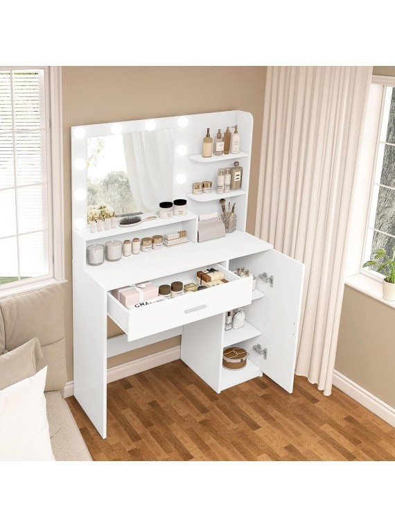 Vanity Desk with 10 Lights & Mirror, 3 Storage Shelf, Big Drawer, Cabinet with Shelves, 3 Lighting Modes & Adjustable Brightness Dressing Table, Small Makeup Vanity, 35.4” Desk, White