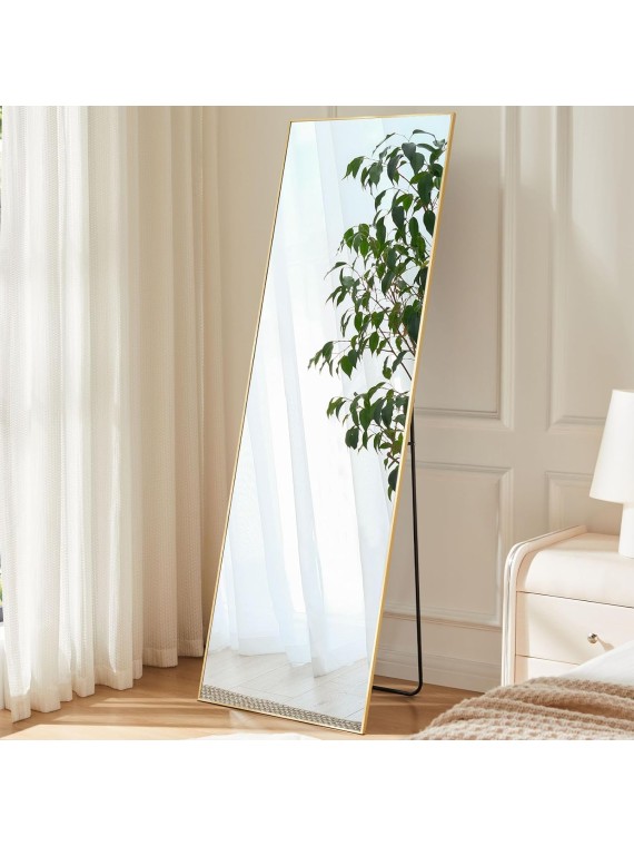 Full Length Mirror Full Body Floor Mirror Standing Hanging or Leaning Wall Mirror with Stand Aluminum Alloy Thin Frame for Bedroom Cloakroom, Gold