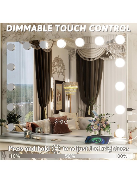 Hollywood Vanity Mirror with Lights 32x25 Large Lighted Makeup Mirror 10X Magnification 15 Dimmable LED Bulbs and 3 Color Lighting with USB Charging Port for Desk Tabletop or Wall-Mounted